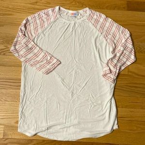 Lularoe Women’s 3/4 Sleeve Top. White w/ PinlStripes on Sleeves. Sz. XL